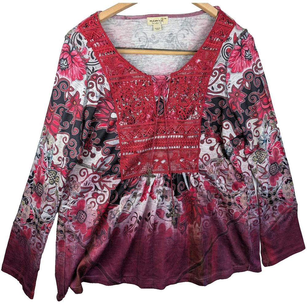 One World Plus 1XL Red Floral Paisley Boho Peasant Crochet Front Dangle Crosses